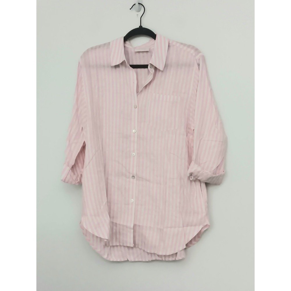 Susan Graver Pure Blouse Women's Size XS Pink Cross-Dyed Linen Blend Stripes